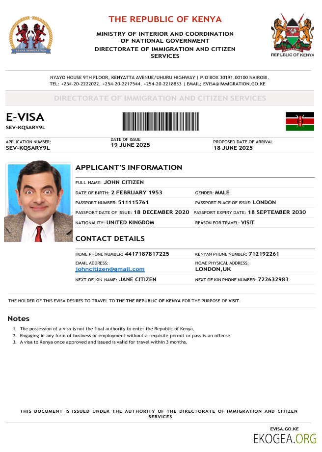 Modèle de visa électronique pour le Kenya aux formats Word et PDF